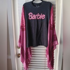 Upcycled Barbie Black and Pink Graphic T-Shirt Poncho
